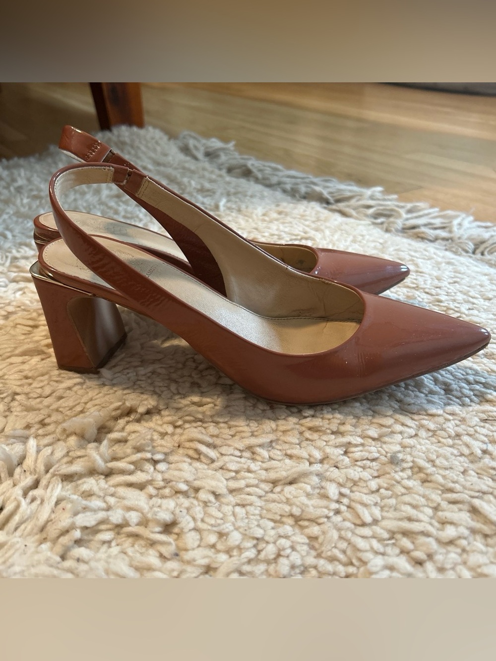 Vince Camuto Brown Patent Leather Block Heel Pumps